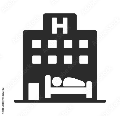 Iconic representation of a hospital building with a patient in bed, symbolizing healthcare and patient care.