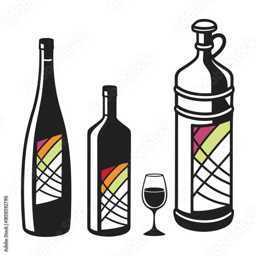 Collection of wine bottles and glass