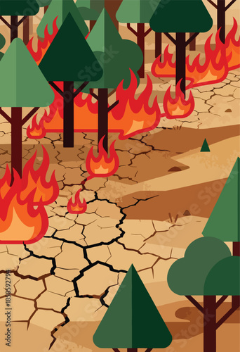 Dry cracked earth burns amidst a forest fire with stylized green trees