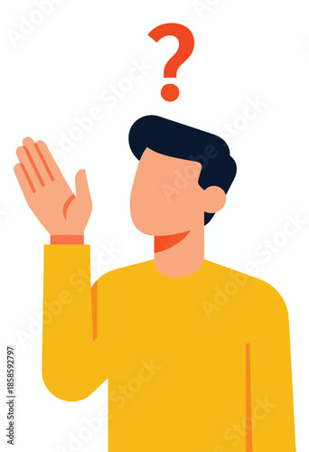 Faceless person with raised hand and question mark above head