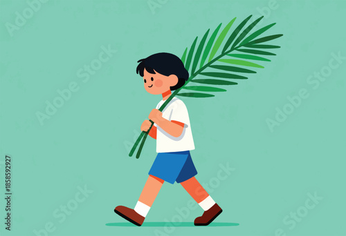 A child walks carrying a large green palm frond against a textured teal background