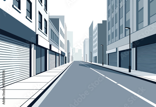 Empty city street with buildings and rolling shutters