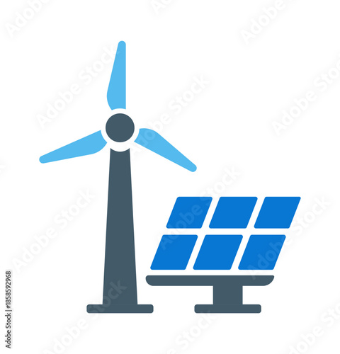 A blend of renewable energy: a wind turbine and solar panels representing sustainable energy solutions.