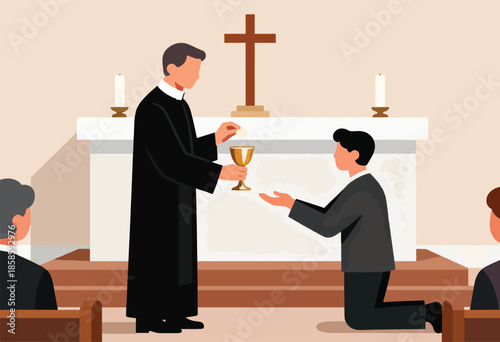 Cleric offers communion wafer and chalice to kneeling man at altar