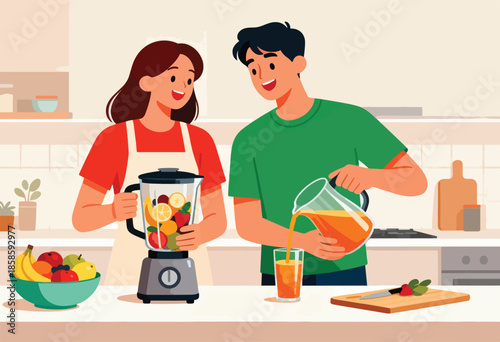 Couple making fresh fruit juice in the kitchen
