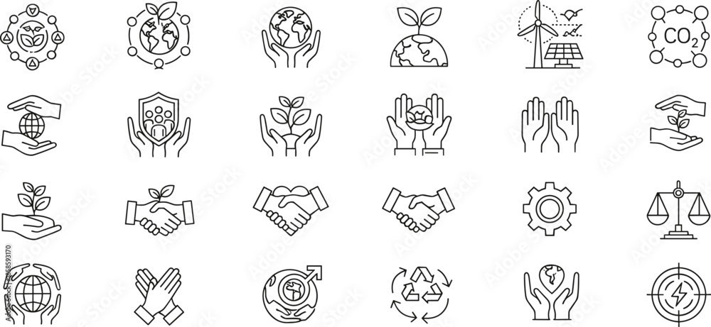 Obraz premium Global Sustainability Icons for Eco Awareness, Renewable Energy, Climate Action, Environmental Protection, Cooperation, and Green Technology in Line Style