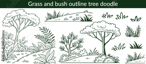 Grass and bush outline tree doodle for lawn vector cute landscape with hand drawn plant and minimal silhouette. Greenery line art for jungle, park and garden. Cartoon sketch and scribble vector set.
