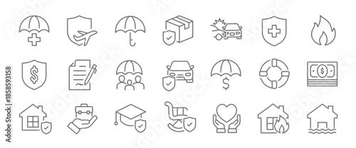 Insurance icons vector set in line style