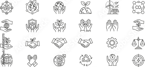 Global Sustainability Icons for Eco Awareness, Renewable Energy, Climate Action, Environmental Protection, Cooperation, and Green Technology in Line Style