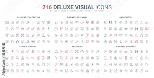Business cooperation, prize and reward of champion, corporate company strategy line icon set. Customer support and helpdesk, feedback of quality thin black and red outline symbols vector illustration