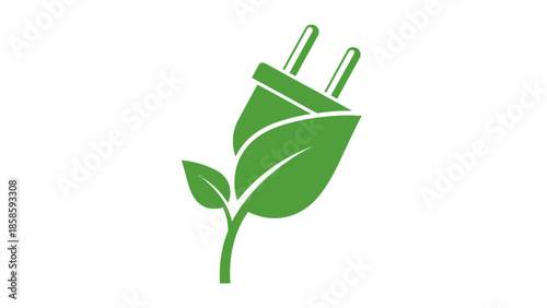 Green Electric Power Plug with Leaf Symbol on Isolated White Background, Eco Friendly Energy Concept, Environmental Conservation Icon