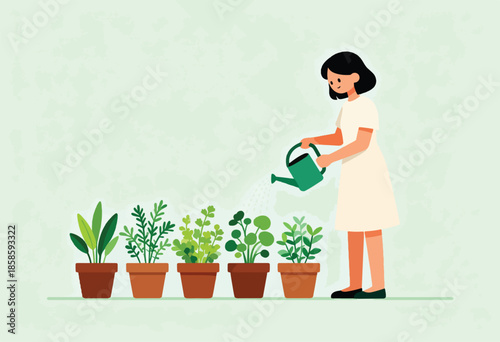 Person watering potted plants