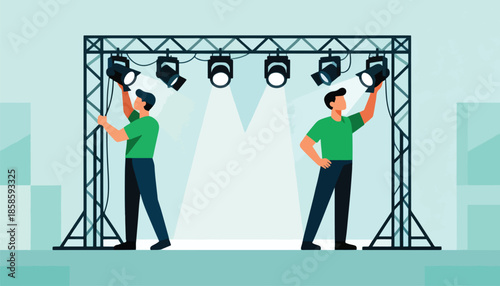 Two people adjusting stage lights on a metal truss structure