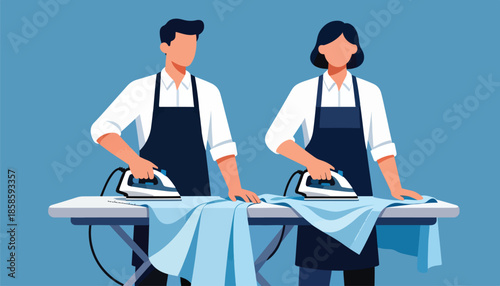 A man and woman ironing clothes side-by-side on ironing boards