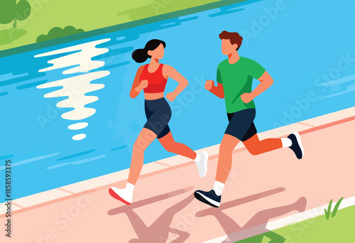 Two people jogging on a path beside a body of water with greenery