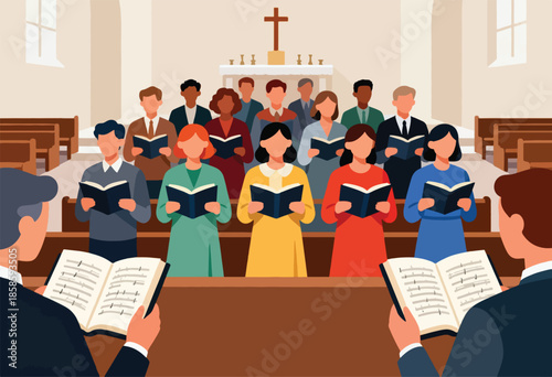 Diverse church choir singing hymns from open books, with a cross visible