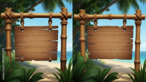 Two weathered wood signs hang between bamboo posts, tropical backdrop