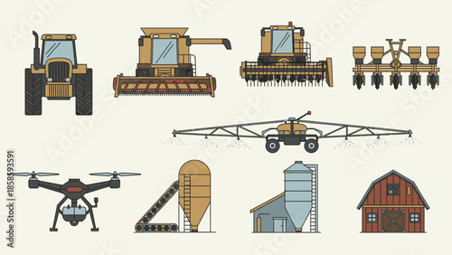 Collection of Modern Farm and Agriculture Equipment with Buildings in Bright Studio