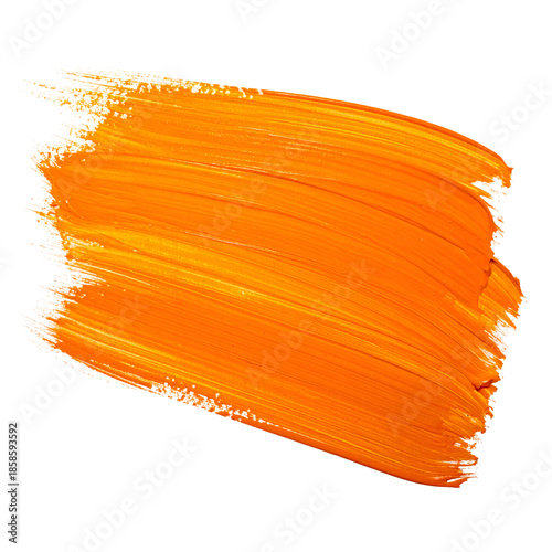 Isolated brushstroke of vibrant orange paint with textured lines on a black background