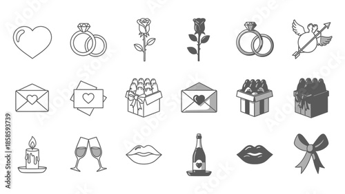 Elegant set of love and wedding outline icons featuring hearts, wedding rings, roses, and gifts on isolated white background