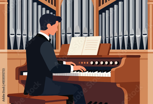 Man in suit plays a pipe organ, with sheet music open
