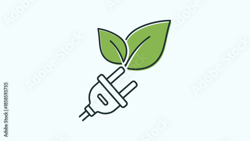 Outline icon of green energy electrical plug with leaf on light blue background.