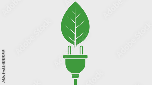 Green energy electrical plug with leaf symbol on light gray background.