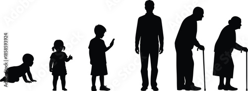 Human life cycle silhouette stages from baby to elderly with cane, aging concept for education, healthcare, sociology, and timeline