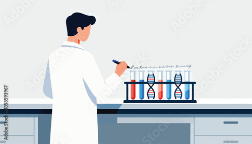 Scientist in lab coat examining DNA models next to test tubes