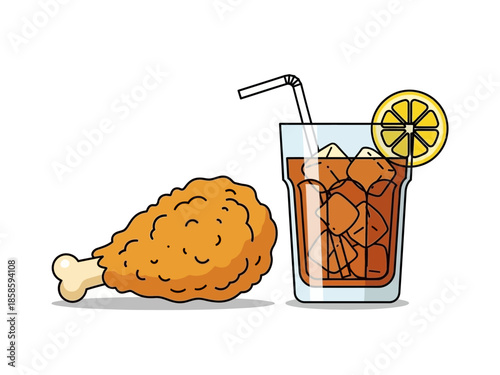 Cartoon illustration of a fried chicken drumstick next to iced tea with lemon