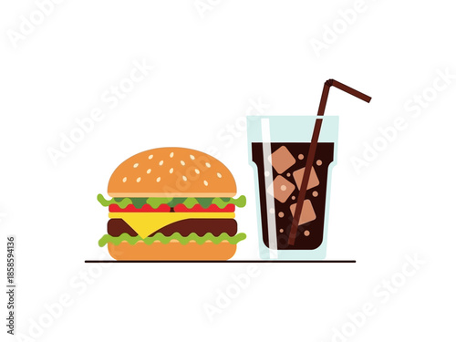 Illustration of a hamburger next to a glass of soda with ice and a straw