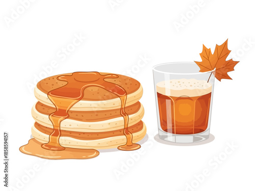 Stack of syrupcovered pancakes beside an autumn drink garnished with a maple leaf