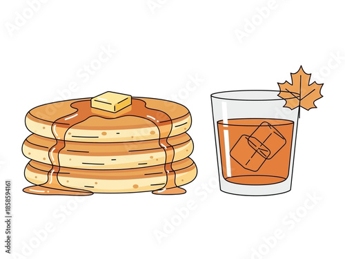 Stack of three pancakes with butter and syrup beside an iced drink with a maple leaf