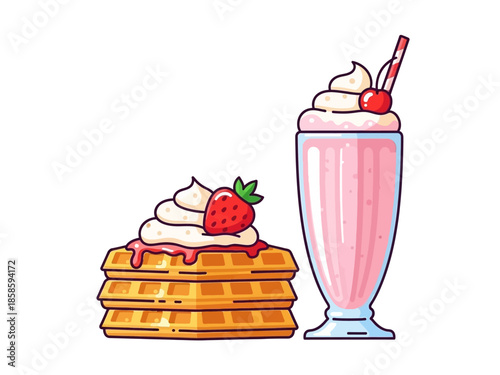 Stack of waffles with whipped cream and strawberry next to a pink milkshake