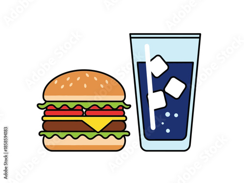 Stylized illustration of a hamburger next to a glass of dark soda with ice cubes