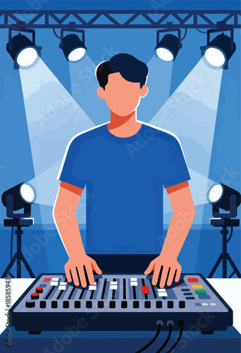 Person adjusting audio mixer under stage lights