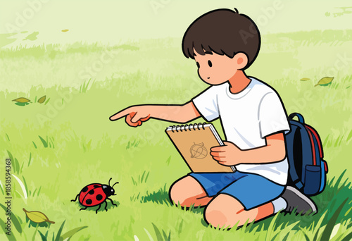Boy kneels in grass, pointing at ladybug, holding sketchbook with backpack