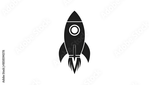 A grey silhouette of a rocket blasting off against a stark black background