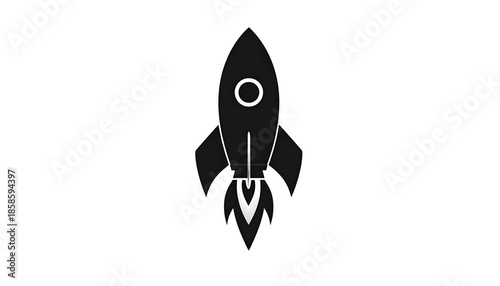 A stylized black rocket ship with white accents against a pure black background