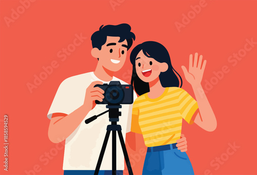Couple with camera on tripod, smiling and waving