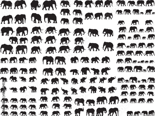 Elephant Silhouette Collection – African and Asian Elephants, Walking Herds, Adults and Calves, Wildlife Animal Shapes, Black Vector Style Isolated on White Background