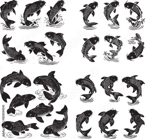 Koi Fish Silhouette Collection – Jumping and Swimming Japanese Koi Carp, Black Ink Style Vector Illustrations, Water Splash Poses Isolated on White Background