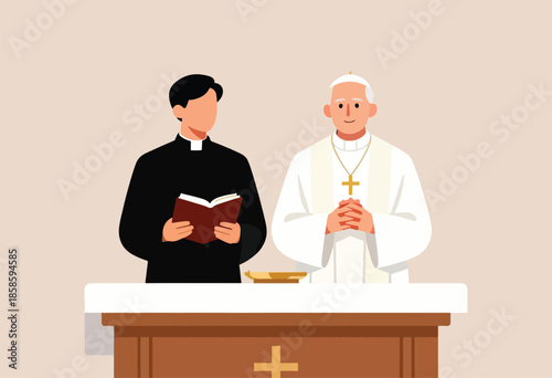 Cleric and bishop reading from book and praying at altar