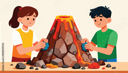 Two children creating a volcano model with lava and rocks