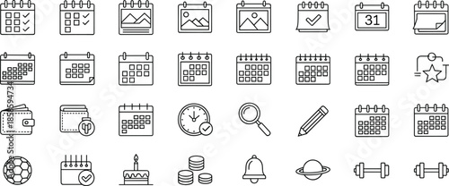 Minimal calendar and event icons set for scheduling, planning, productivity, time management, reminders, appointments, sports, fitness, and celebration.