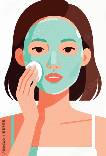 Young woman applying a cool facial mask with a cotton pad