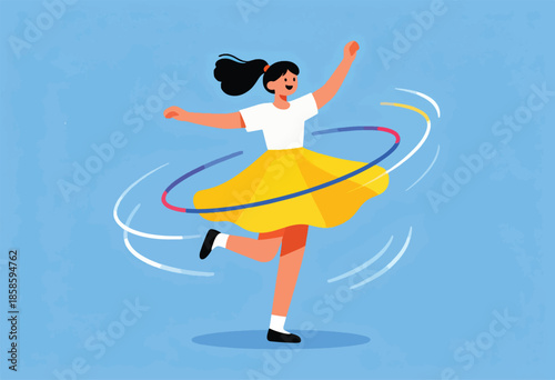 A joyful child twirls with a hula hoop against a bright blue, textured background