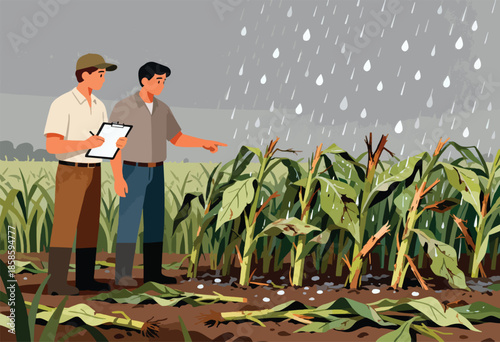 Men assess damaged crops during rainfall and hail