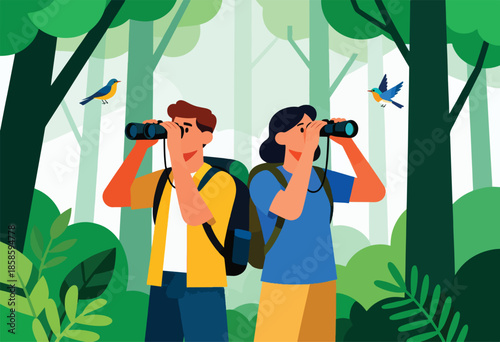 Two adventurers with binoculars observe birds in a lush, green forest