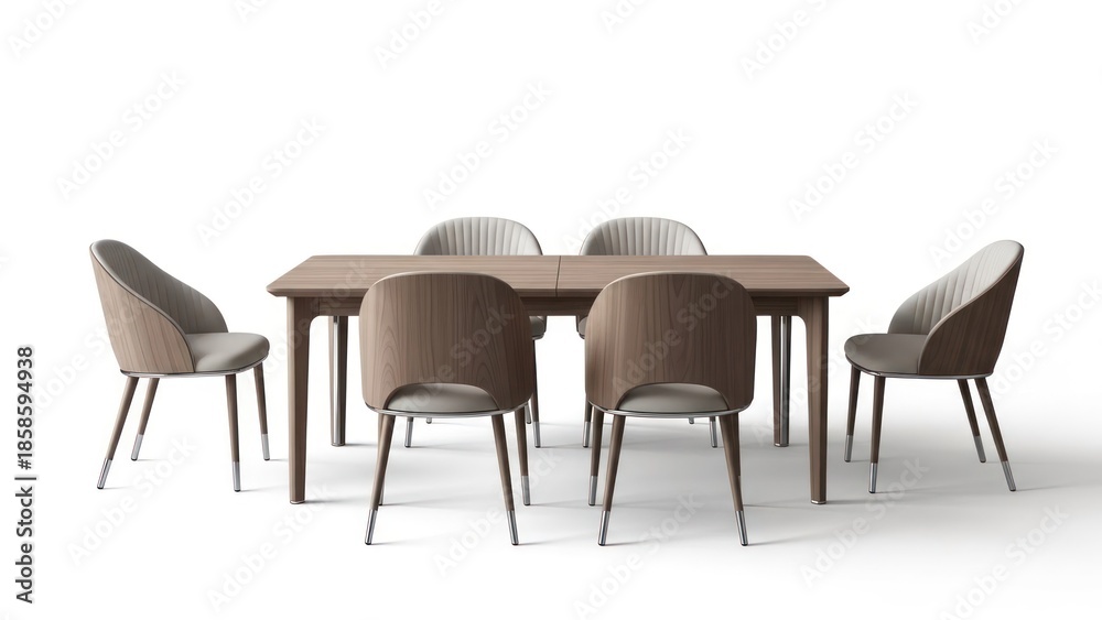 Fototapeta premium Wooden dining set rectangular table with six stylish chairs against a white backdrop